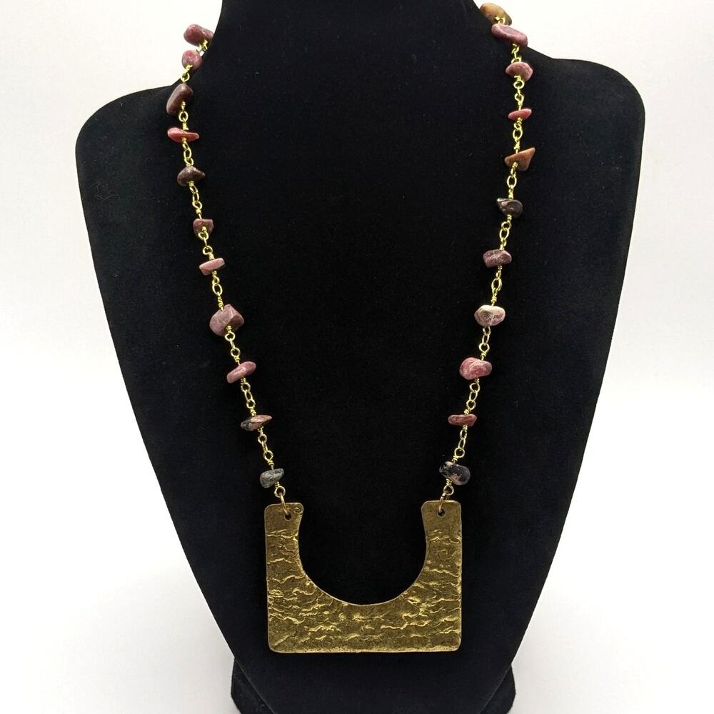 Beljoy Semi-Precious Pink Gemstone Beaded Gold Tone Geometric Pendant Necklace